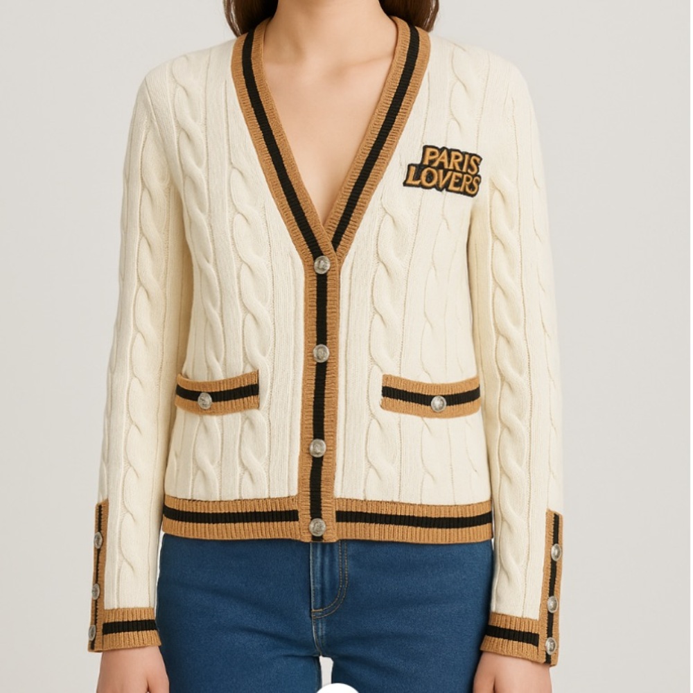 Maje Women’s Moulin Sweater Cardigan Medium Cable Knit Preppy Academia NWT - Picture 1 of 14
